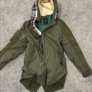 Scotch & Soda Olive Green Hooded Jacket with Plaid Lining